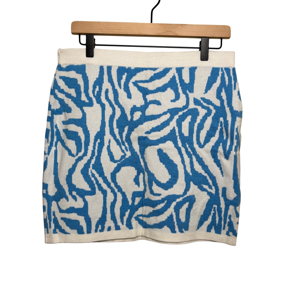 Wild Fable Blue Zebra Jacquard Sweater AOP High Rise Bodycon Mini Skirt Womens L - Picture 1 of 6